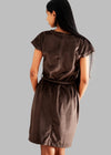 Teen girl wearing a brown velvet A-line dress with belt and relaxed sleeves –YoungnCool - YnCLife