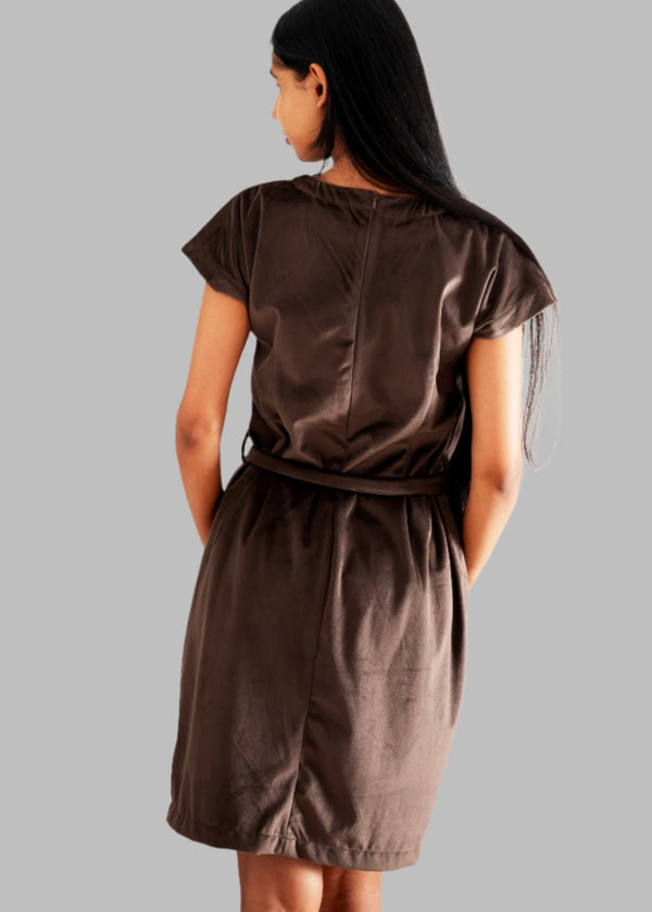 Teen girl wearing a brown velvet A-line dress with belt and relaxed sleeves –YoungnCool - YnCLife
