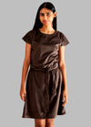 Teen girl wearing a brown velvet A-line dress with belt and relaxed sleeves –YoungnCool - YnCLife