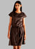 Teen girl wearing a brown velvet A-line dress with belt and relaxed sleeves –YoungnCool - YnCLife