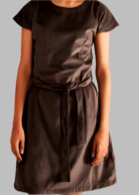 Teen girl wearing a brown velvet A-line dress with belt and relaxed sleeves –YoungnCool - YnCLife