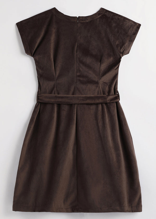 Teen girl wearing a brown velvet A-line dress with belt and relaxed sleeves –YoungnCool - YnCLife
