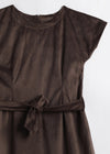 Teen girl wearing a brown velvet A-line dress with belt and relaxed sleeves –YoungnCool - YnCLife