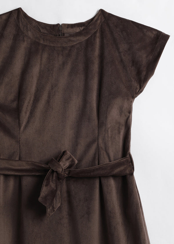 Teen girl wearing a brown velvet A-line dress with belt and relaxed sleeves –YoungnCool - YnCLife