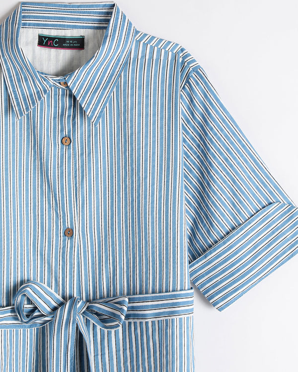 Teen girl blue Striped Shirt dress with collar relaxed fit – YoungnCool l YnCLife