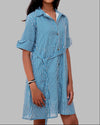 Teen girl wearing a blue Striped Shirt dress with collar relaxed fit – YoungnCool l YnCLife