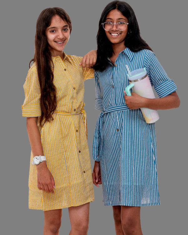 Teen girls wearing a blue Stripe and yellow Shirt dress with collar relaxed fit – YoungnCool l YnCLife