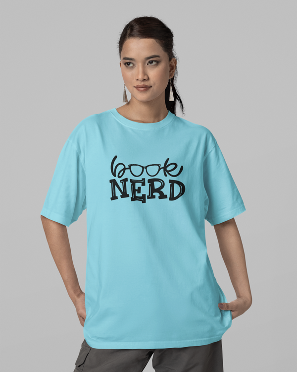 Teen girl wearing oversized graphic t-shirt with 'Book Nerd' design – streetwear style by YoungnCool-YnClife