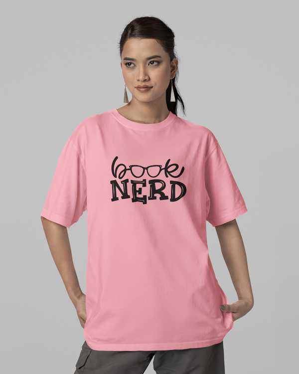 Teen girl wearing oversized graphic t-shirt with 'Book Nerd' design – streetwear style by YoungnCool-YnClife