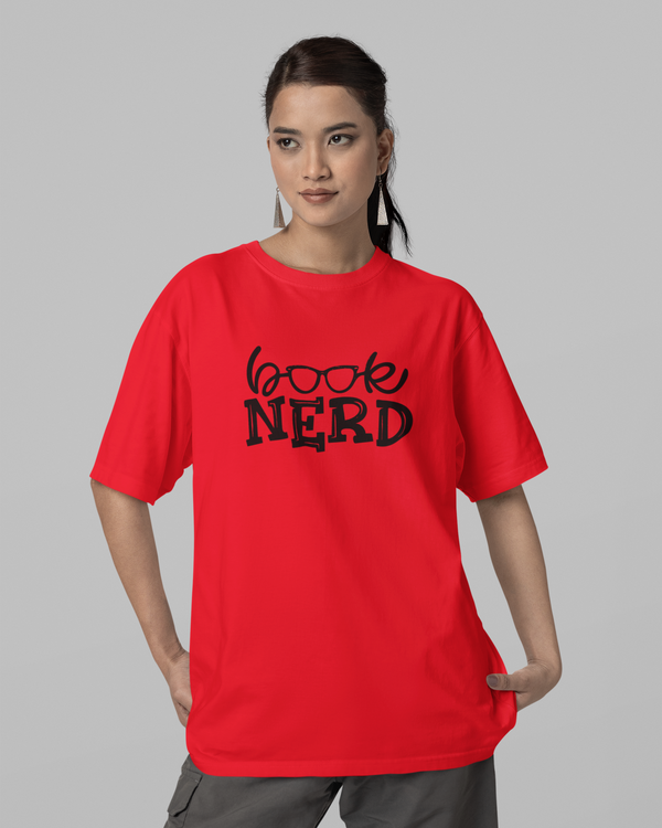 Teen girl wearing oversized graphic t-shirt with 'Book Nerd' design – streetwear style by YoungnCool-YnClife