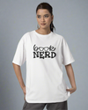 Teen girl wearing oversized graphic t-shirt with 'Book Nerd' design – streetwear style by YoungnCool-YnClife