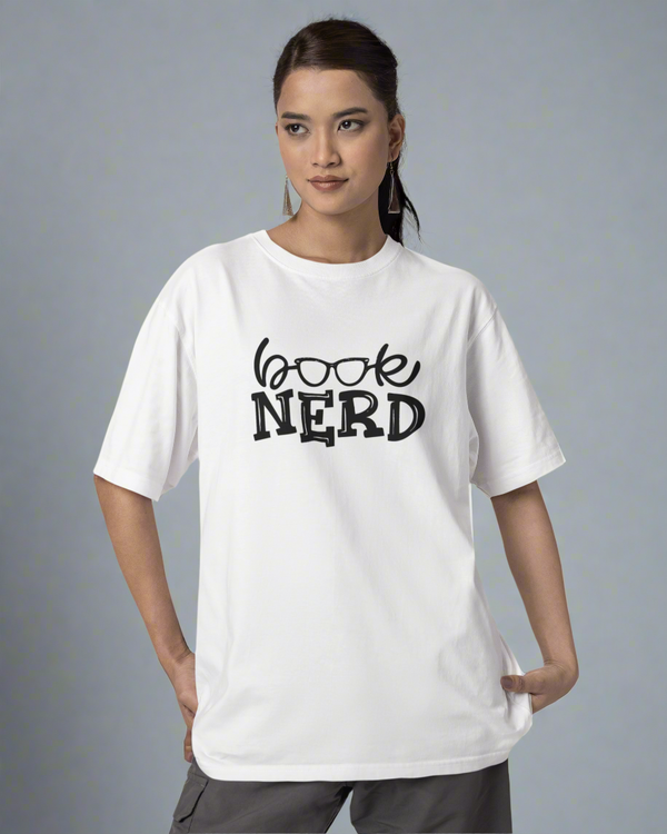 Teen girl wearing oversized graphic t-shirt with 'Book Nerd' design – streetwear style by YoungnCool-YnClife