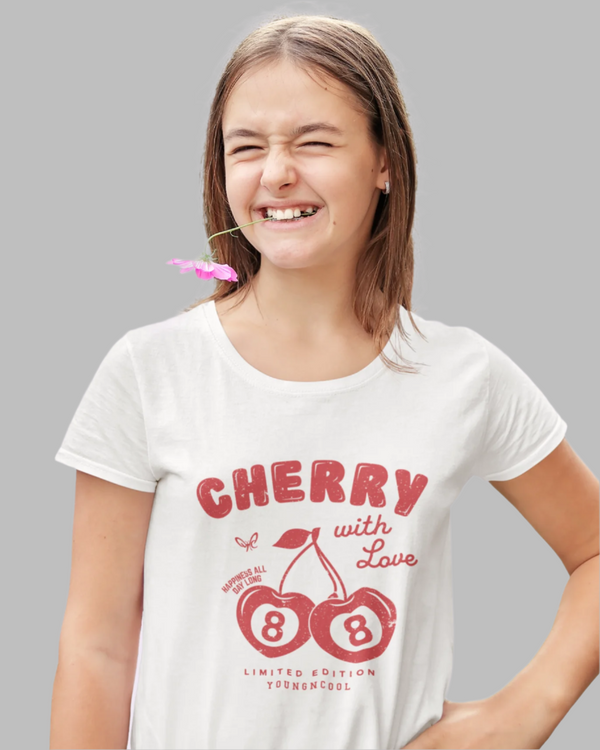 Teen girl wearing graphic t-shirt with 'Cherry Bliss' design – streetwear style by YoungnCool-YnCLife