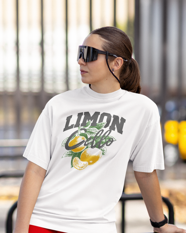 Teen girl wearing oversized graphic t-shirt with 'Lemons Print' design – streetwear style by YoungnCool YnCLife