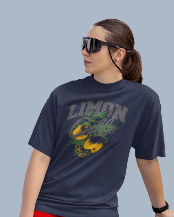 Teen girl wearing oversized graphic t-shirt with 'Lemons Print' design – streetwear style by YoungnCool YnCLife
