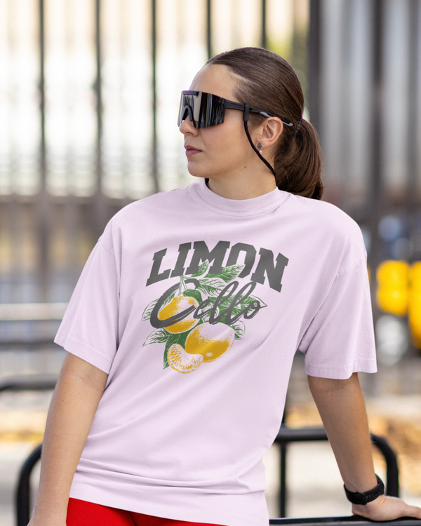 Teen girl wearing oversized graphic t-shirt with 'Lemons Print' design – streetwear style by YoungnCool YnCLife
