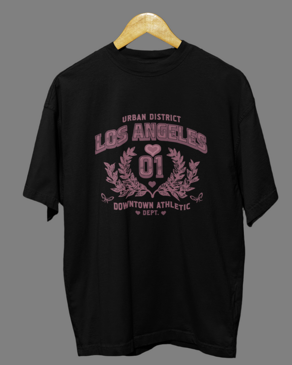 Teen girl wearing oversized graphic t-shirt with 'LA Print' design – streetwear style by YoungnCool YnCLife