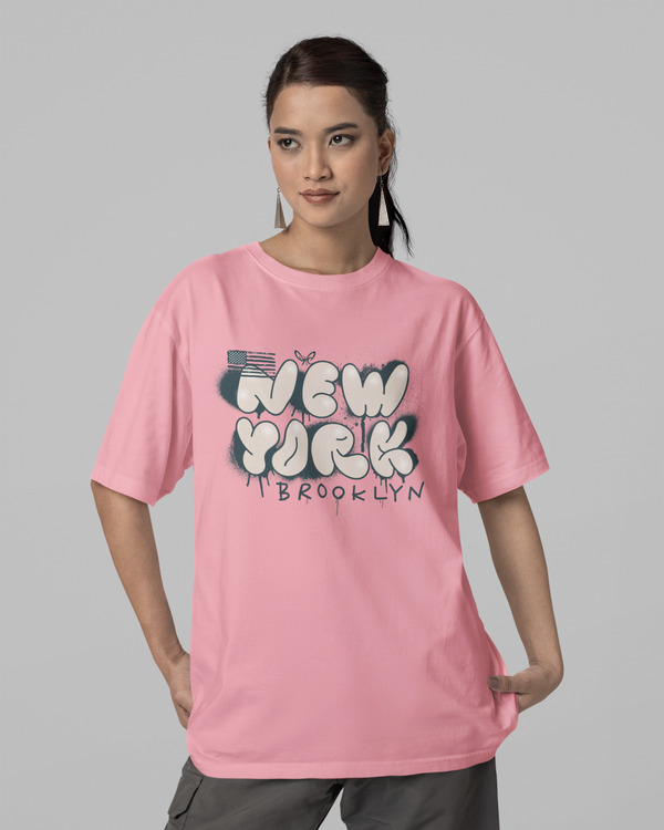 Teen girl wearing oversized graphic t-shirt with 'New York City Print' design – streetwear style by YoungnCool YnCLife