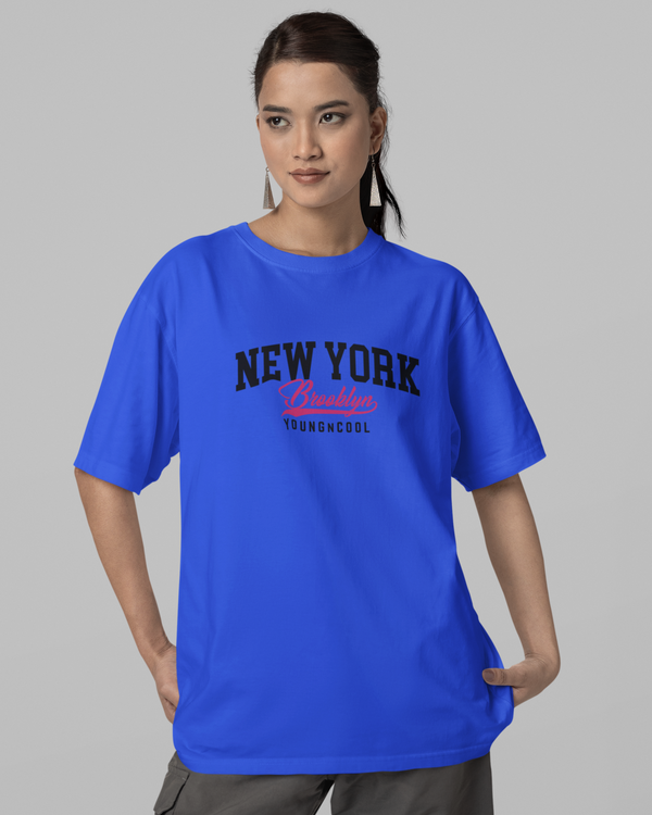 Teen girl wearing oversized graphic t-shirt with 'NY Brooklyn Print' design – streetwear style by YoungnCool YnCLife