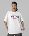 Teen girl wearing oversized graphic t-shirt with 'NY Brooklyn Print' design – streetwear style by YoungnCool YnCLife