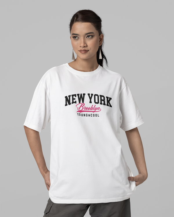 Teen girl wearing oversized graphic t-shirt with 'NY Brooklyn Print' design – streetwear style by YoungnCool YnCLife