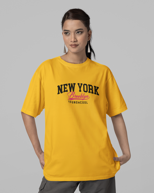 Teen girl wearing oversized graphic t-shirt with 'NY Brooklyn Print' design – streetwear style by YoungnCool YnCLife