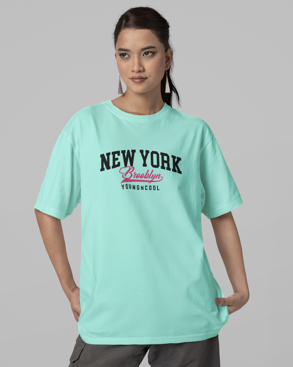 Teen girl wearing oversized graphic t-shirt with 'NY Brooklyn Print' design – streetwear style by YoungnCool YnCLife