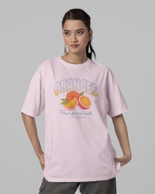 Teen girl wearing oversized graphic t-shirt with 'Oranges Image' design – streetwear style by YoungnCool-YnCLife