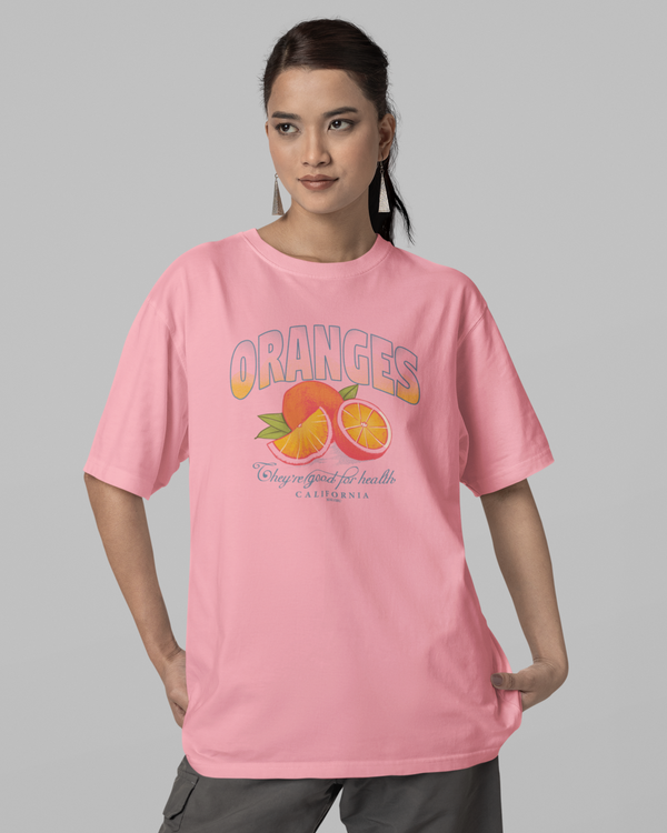 Teen girl wearing oversized graphic t-shirt with 'Oranges Image' design – streetwear style by YoungnCool-YnCLife