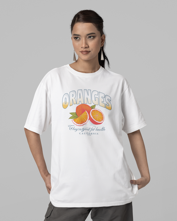 Teen girl wearing oversized graphic t-shirt with 'Oranges Image' design – streetwear style by YoungnCool-YnCLife