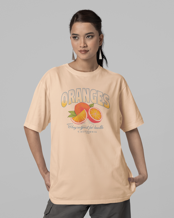 Teen girl wearing oversized graphic t-shirt with 'Oranges Image' design – streetwear style by YoungnCool-YnCLife