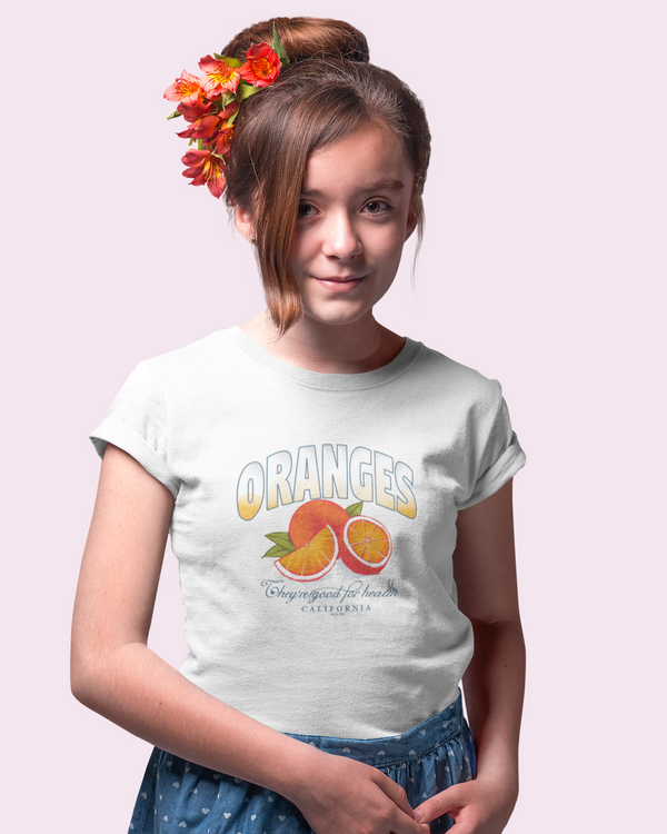 Teen girl wearing graphic t-shirt with 'Oranges Image' design – streetwear style by YoungnCool-YnCLife