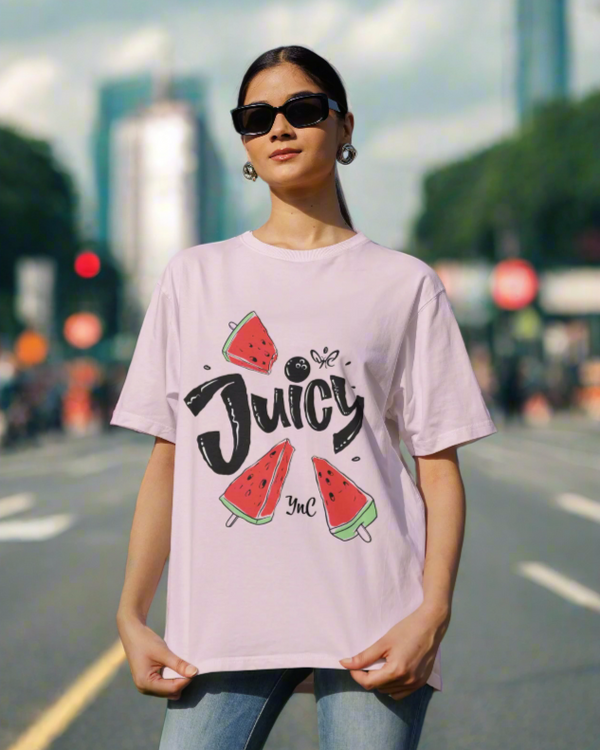 Teen girl wearing graphic t-shirt with 'Juicy' design – streetwear style by YoungnCool-YnCLife