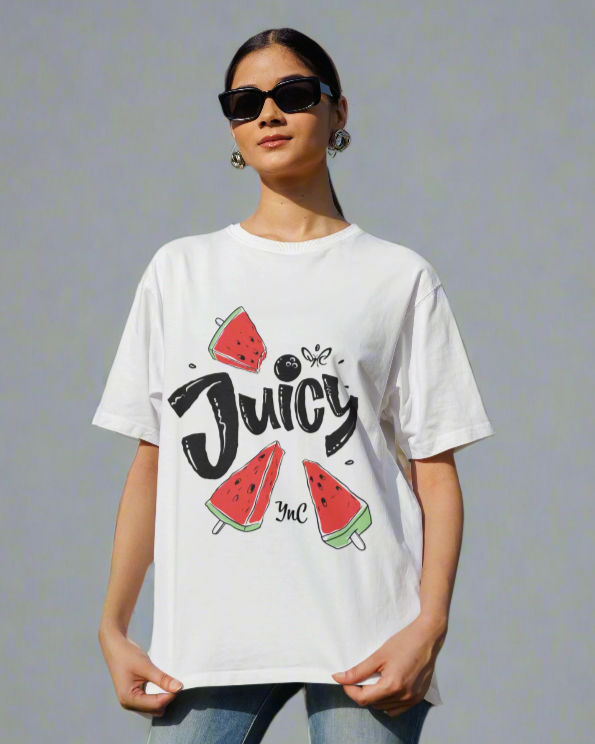 Teen girl wearing graphic t-shirt with 'Juicy' design – streetwear style by YoungnCool-YnCLife
