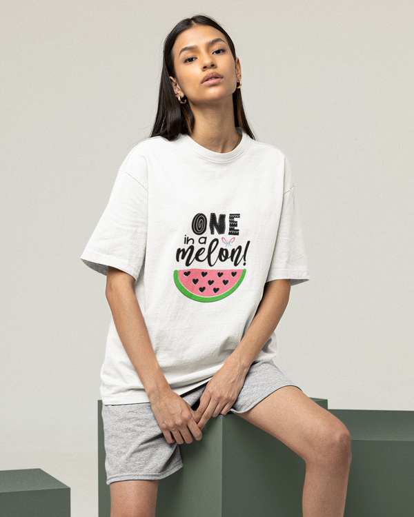 Teen girl wearing oversized graphic t-shirt with 'one in a Melon ' design – streetwear style by YoungnCool-YnCLife