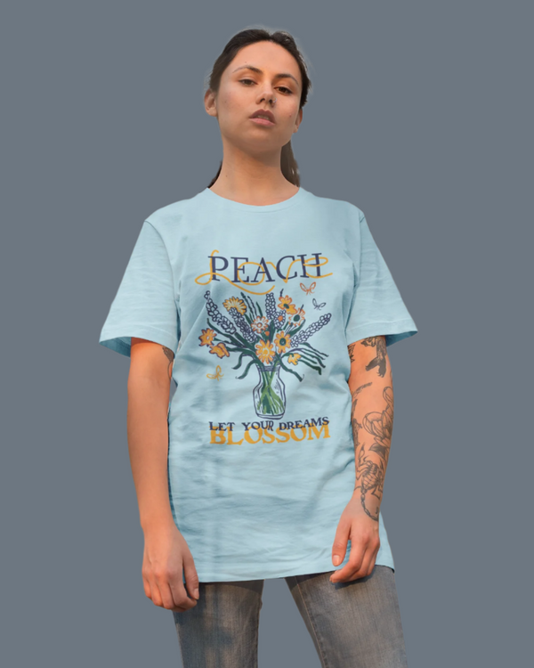 Teen girl wearing oversized graphic t-shirt with 'Peach Print' design – streetwear style by YoungnCool-YnCLife