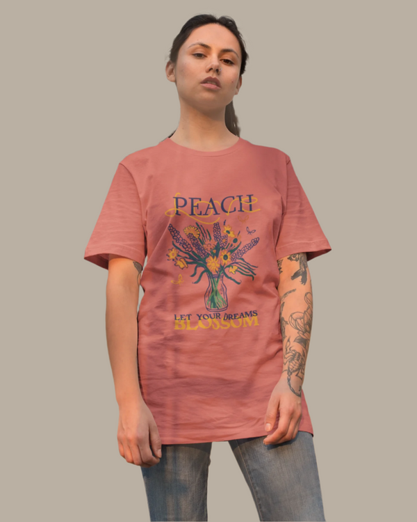 Teen girl wearing oversized graphic t-shirt with 'Peach Print' design – streetwear style by YoungnCool-YnCLife