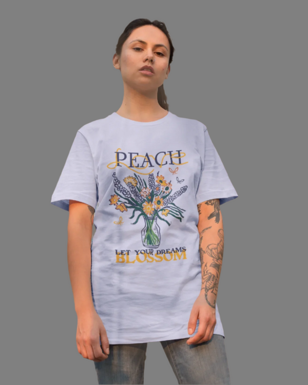 Teen girl wearing oversized graphic t-shirt with 'Peach Print' design – streetwear style by YoungnCool-YnCLife