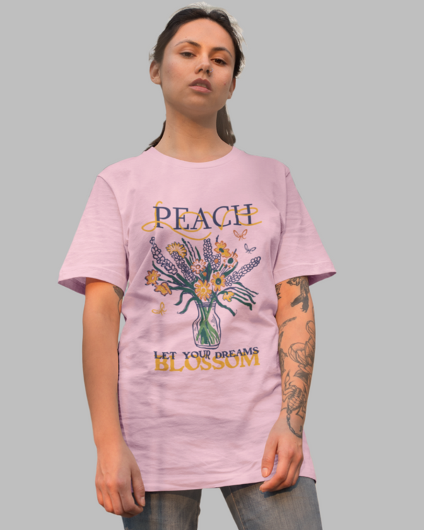 Teen girl wearing oversized graphic t-shirt with 'Peach Print' design – streetwear style by YoungnCool-YnCLife