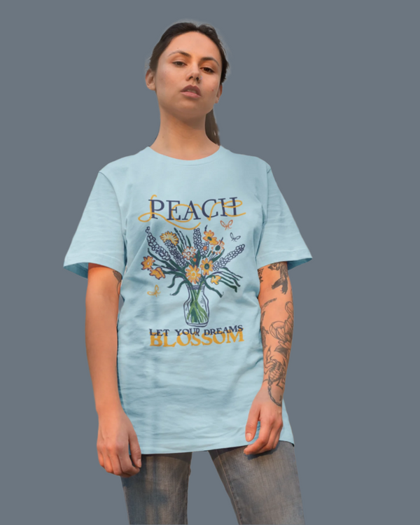 Teen girl wearing oversized graphic t-shirt with 'Peach Print' design – streetwear style by YoungnCool-YnCLife