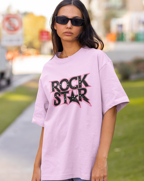Teen girl wearing oversized graphic t-shirt with 'Rock Star' design – streetwear style by YoungnCool YnCLife