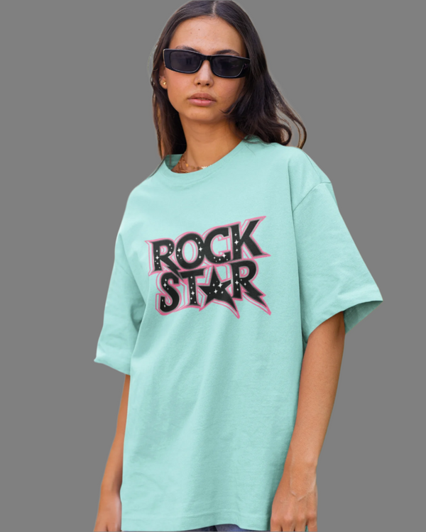 Teen girl wearing oversized graphic t-shirt with 'Rock Star' design – streetwear style by YoungnCool YnCLife