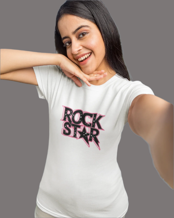 Teen girl wearing oversized graphic t-shirt with 'Rock Star' design – streetwear style by YoungnCool.