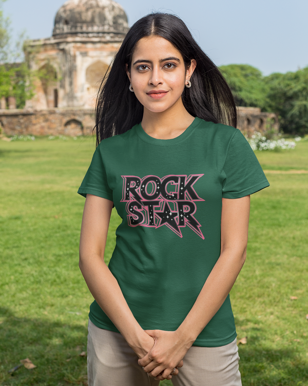 Teen girl wearing oversized graphic t-shirt with 'Rock Star' design – streetwear style by YoungnCool.