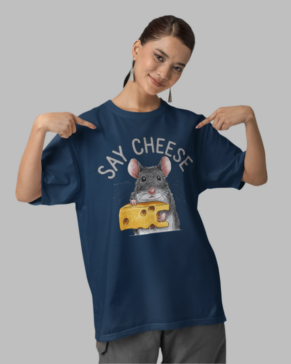 Teen girl wearing oversized graphic t-shirt with 'Say Cheese' design – streetwear style by YoungnCool YnCLife