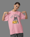 Teen girl wearing oversized graphic t-shirt with 'Say Cheese' design – streetwear style by YoungnCool YnCLife