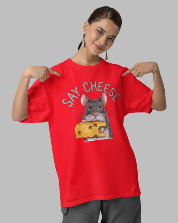 Teen girl wearing oversized graphic t-shirt with 'Say Cheese' design – streetwear style by YoungnCool YnCLife