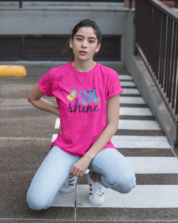 Teen girl wearing graphic t-shirt with 'Sunshine Fruits' design – streetwear style by YoungnCool- YnCLife