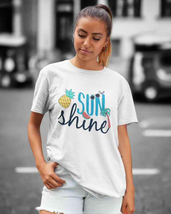 Teen girl wearing graphic t-shirt with 'Sunshine Fruits' design – streetwear style by YoungnCool.