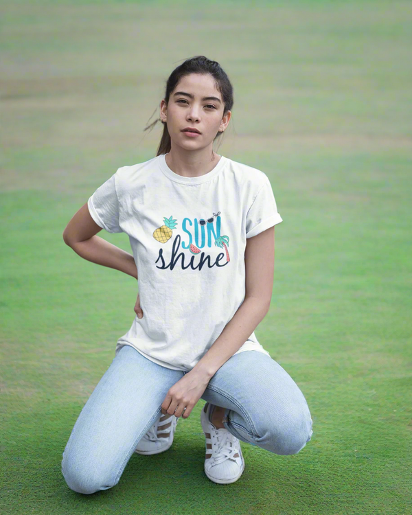 Teen girl wearing graphic t-shirt with 'Sunshine Fruits' design – streetwear style by YoungnCool.